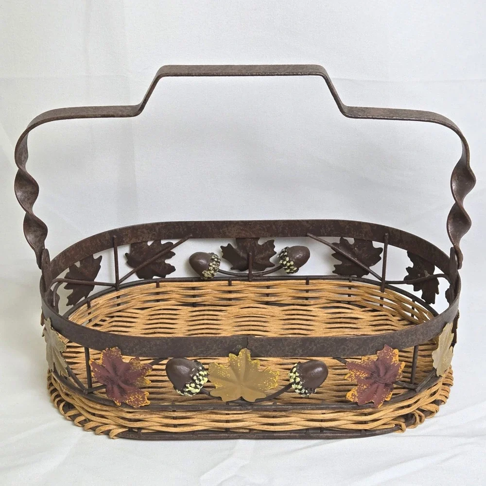 Decorative Basket Woven Wicker Base Metal Rim With Fall Autumn Leaves Acorns 11